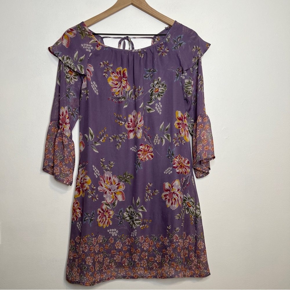 Blue Rain Purple Floral 3/4 Sleeves Flowy Dress Size Medium